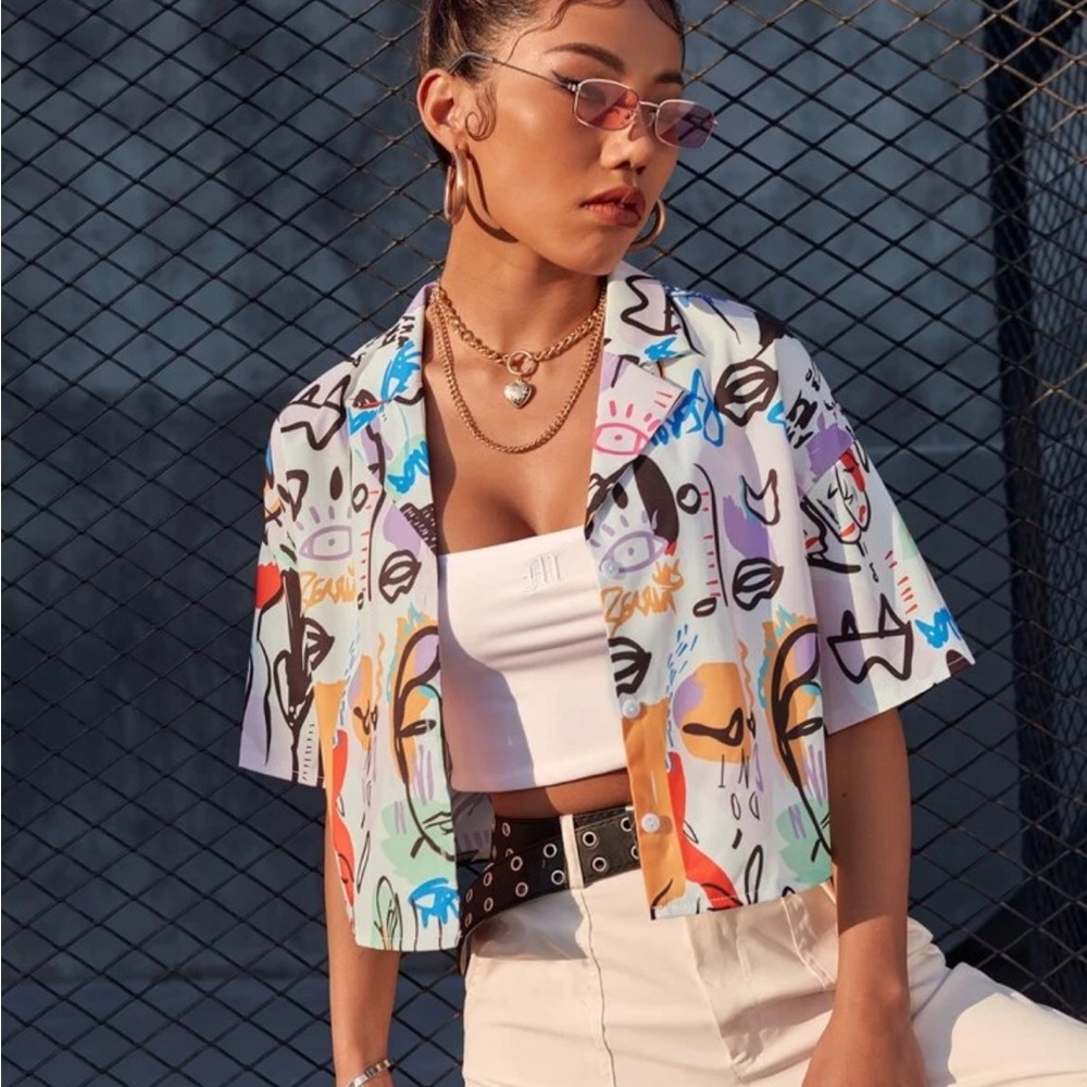 SHEIN Multicolor Graphic Button Down Shirt